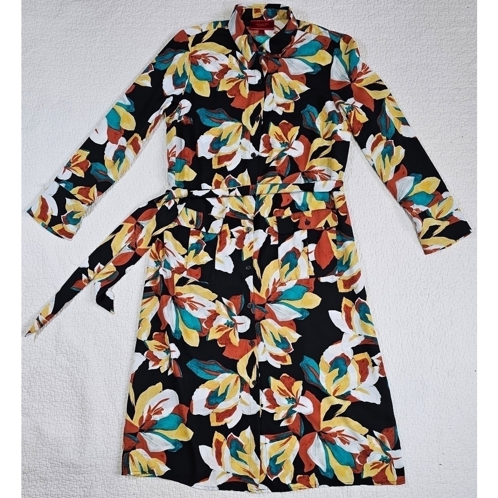 Jennifer Lopez Black Floral Belted Shirt Dress